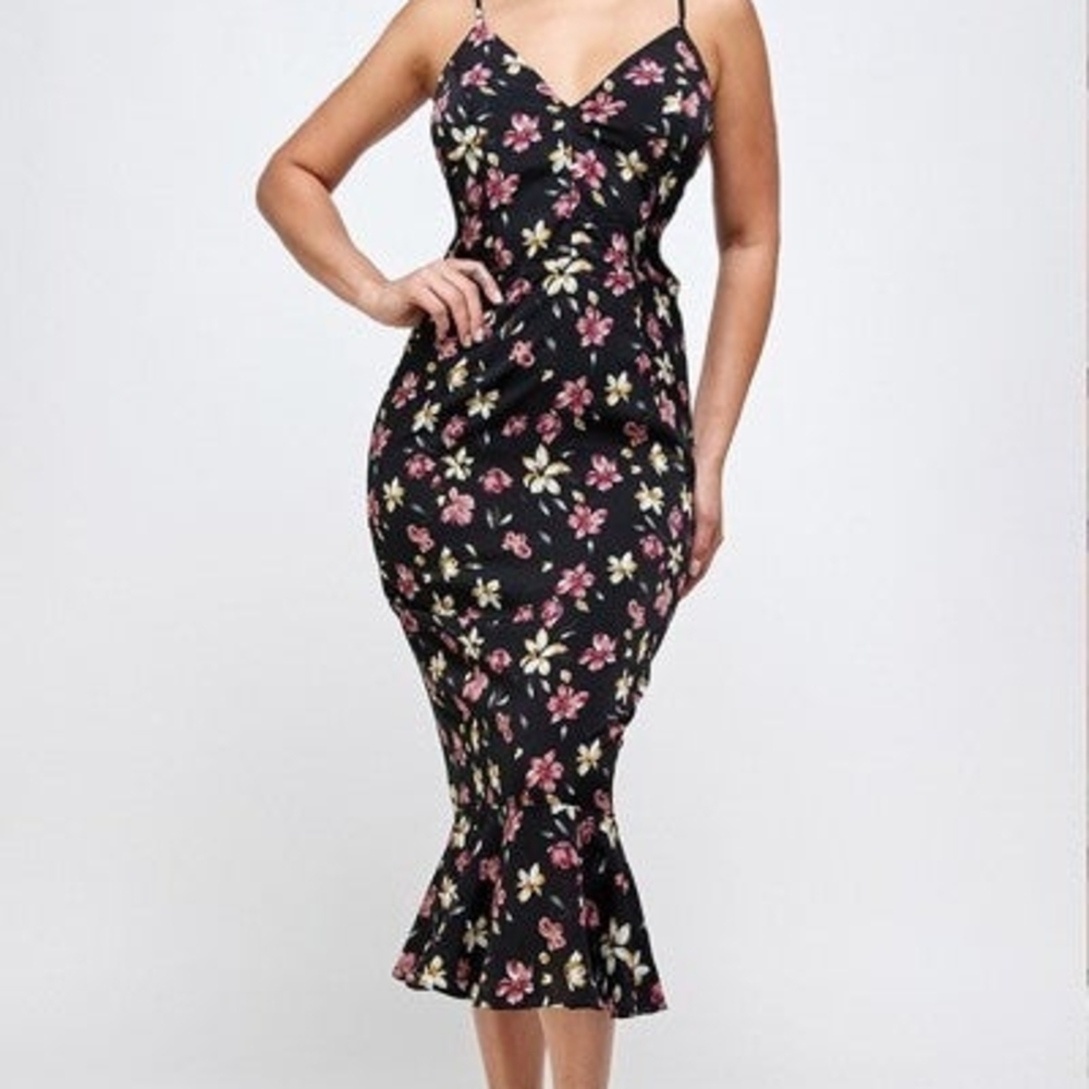 Pink and Green Floral Bodycon Midi Dress Spaghetti Strap